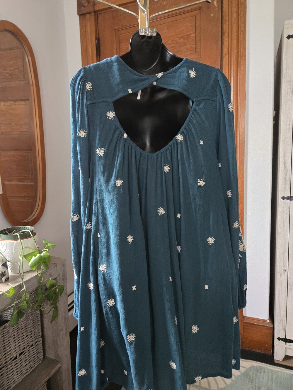 Free People Sweet Tennessee Teal Floral Embroidered Bell-sleeve Babydoll Small - Picture 5 of 7